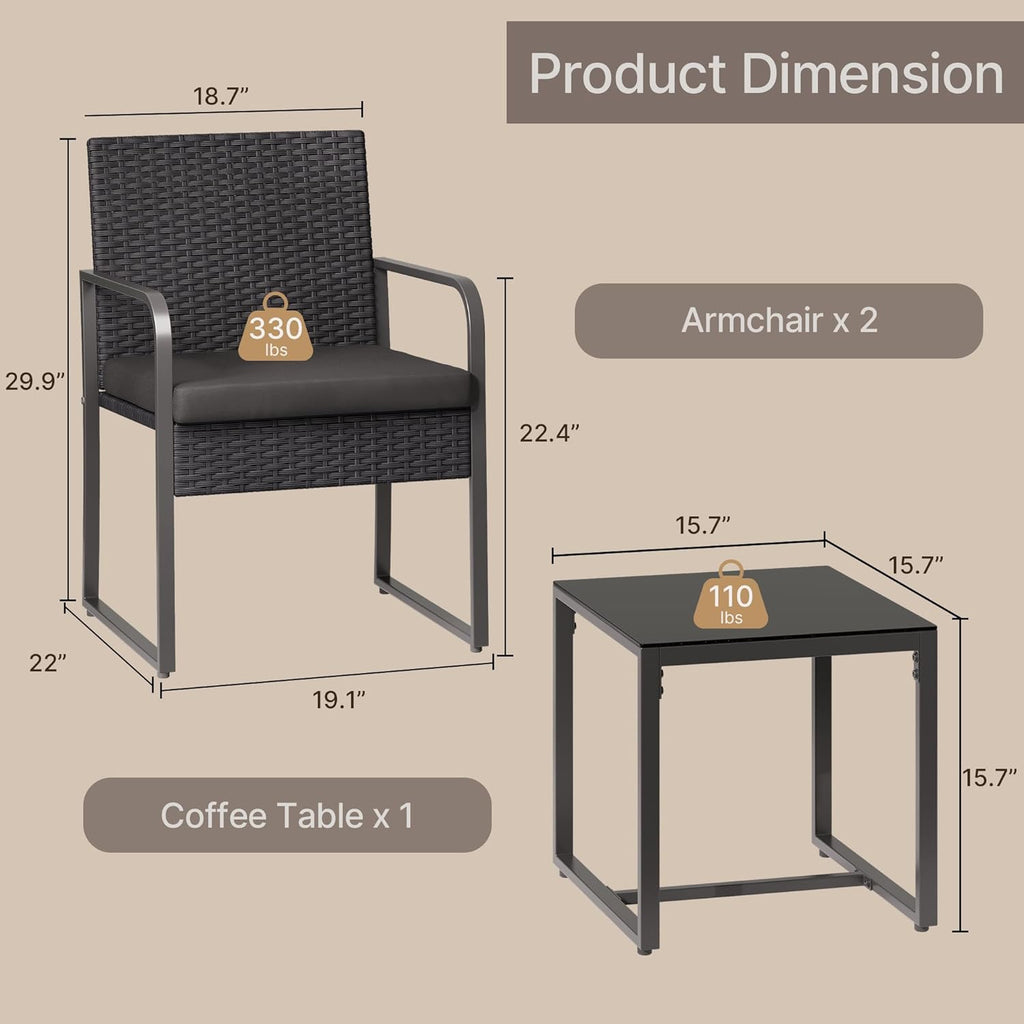 3 Pieces Patio Bistro Sets, Outdoor Rattan Conversation with Glass Table, Wicker Furniture Set with Cushion