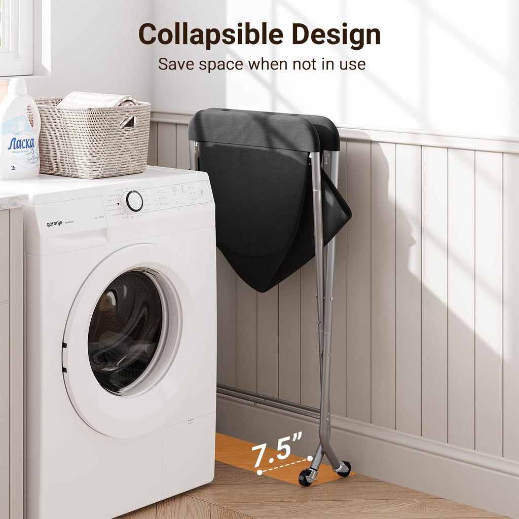 Laundry Basket with Wheels, Collapsible Laundry Hamper, Black