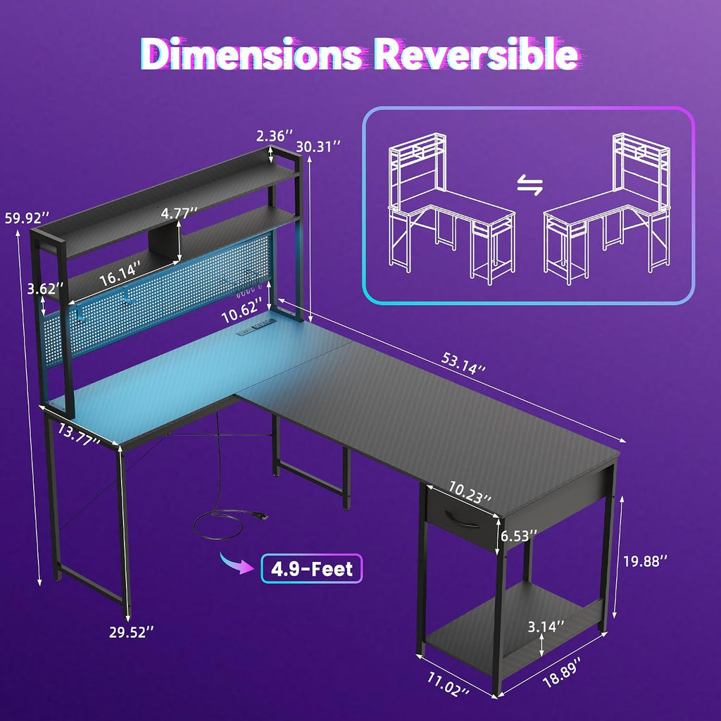 L Shaped Gaming Desk 53" with Hutch, LED Light and Drawer | Carbon Fiber Surface, Storage Shelves, Pegboard with