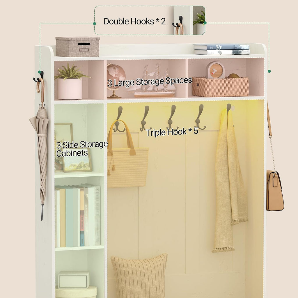47.2" Hall Tree, LED Farmhouse Entryway Storage and Coat Rack Wood, Entryway Furniture with 7 Hooks, Hall Tree with