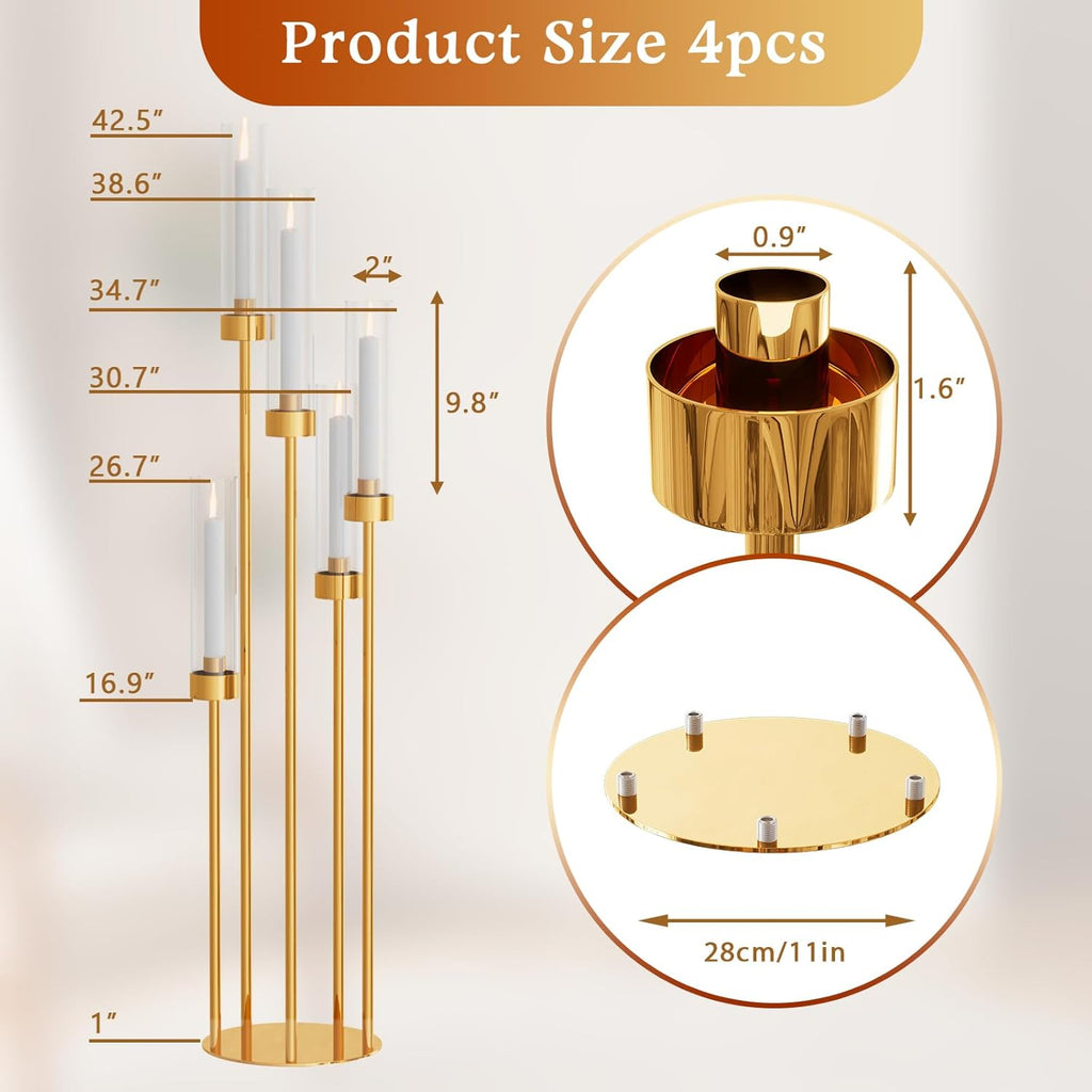 5 Arms Gold Floor Candelabra 42.5'' Floor Candle Holdersor Tall Metal Candlestick Set with Acrylic Lampshades