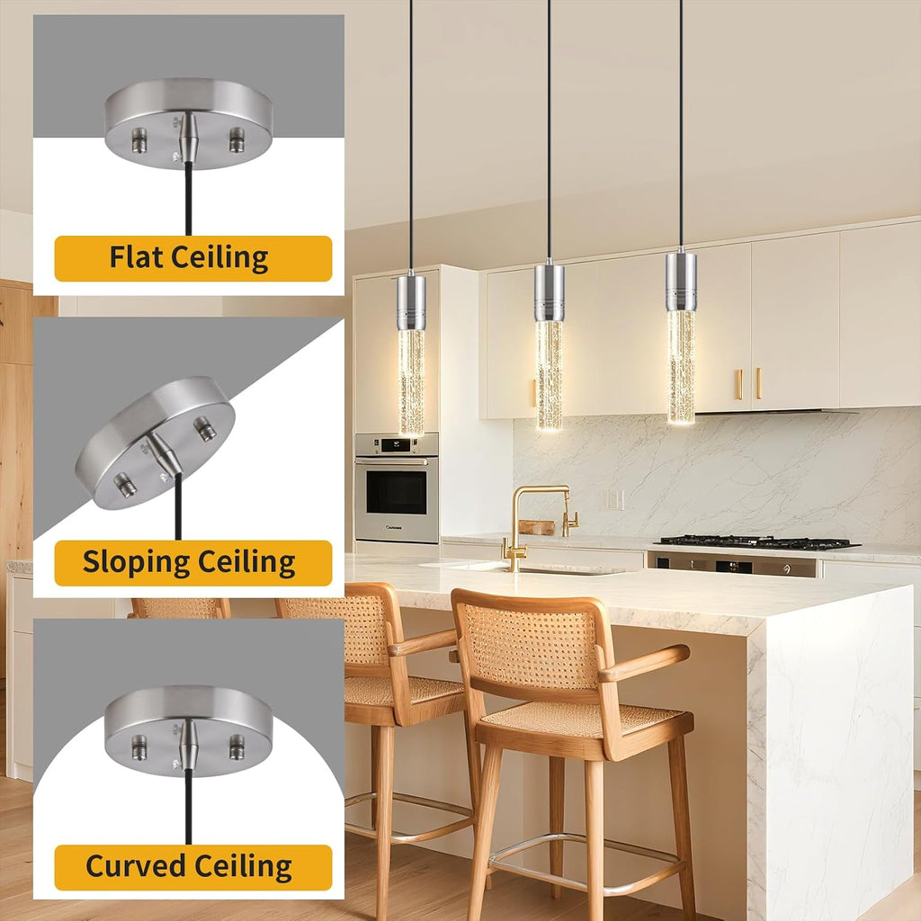 Brushed Nickel Pendant Lights Kitchen Island, Crystal Bubble Pendant Lights, Adjustable Modern Pendant Light Fixtures