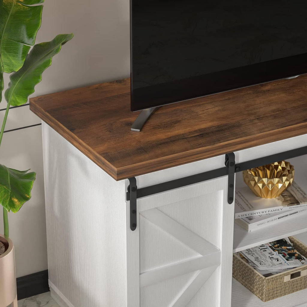 TV Stand for 65 Inch TV, Sliding Barn Doors, Bright White | Farmhouse Entertainment Center, Storage Cabinets