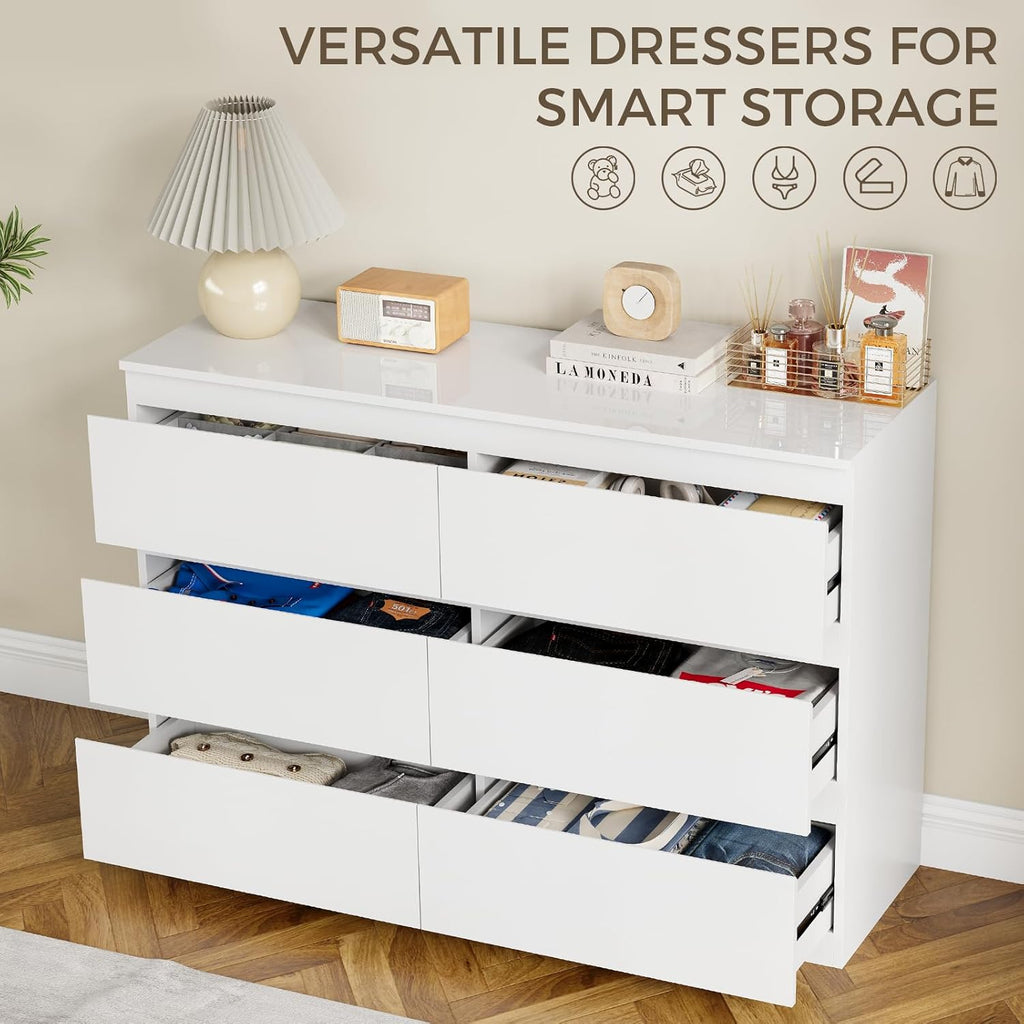 White 6 Drawer Dresser 47" Wide Closet Storage | Wood Dresser, Modern High Gloss, Handle-Free, |TV Stand|Living Room