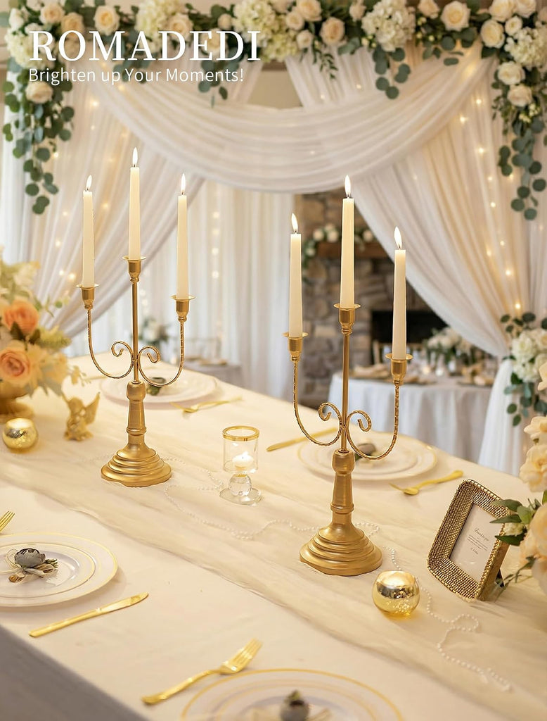 Candelabra Gold Candlestick Holders - 15.7" Tall 3 Arm Metal Taper Candle Holdereplace Mantel Christmas Decor, Set of 6