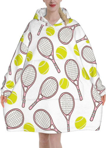 Sports Seamless Pattern With Tennis Ball And Racket Icons In Flat Design Style Adult Flannel Hooded Blanket