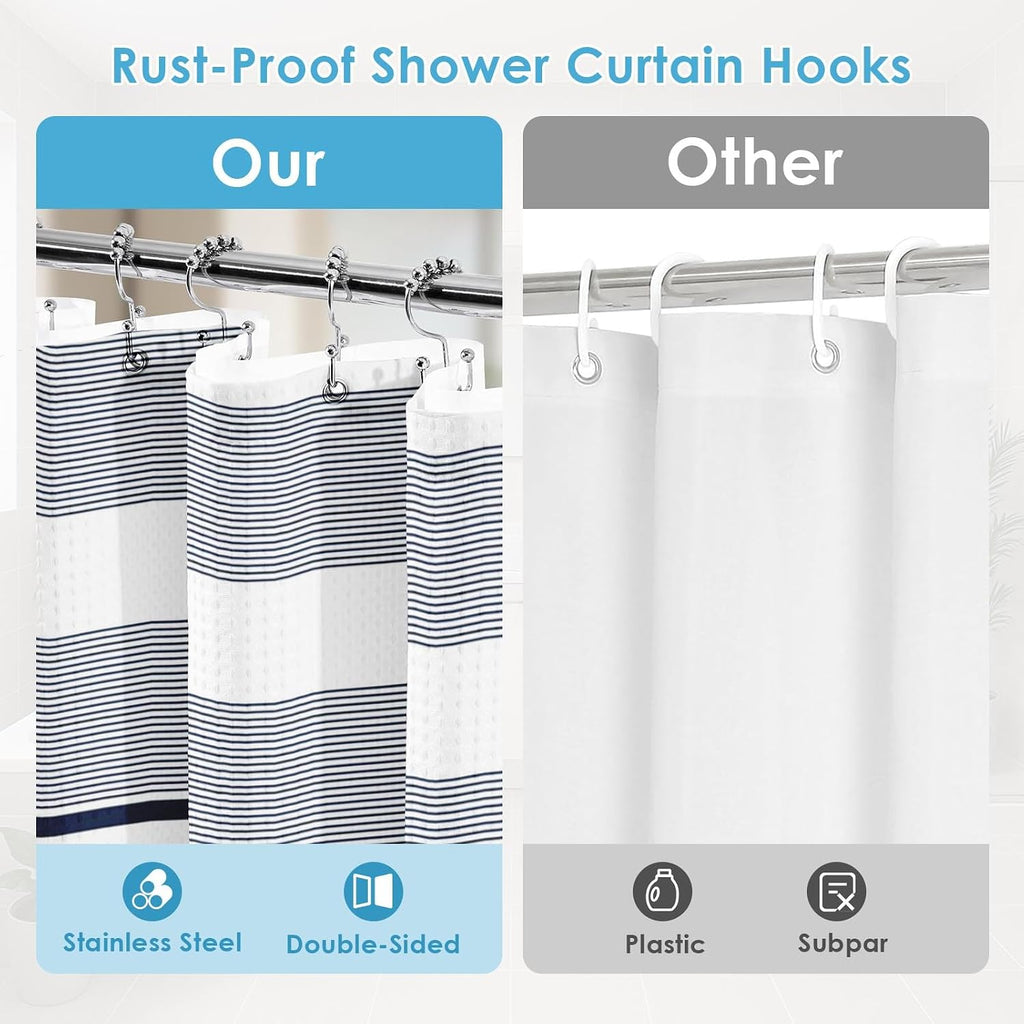 Scalloped Shower Curtain with PEVA Liner Set, Striped Navy Geometric Modern 3 in 1 Heavy Duty Waffle Weave Waterproof