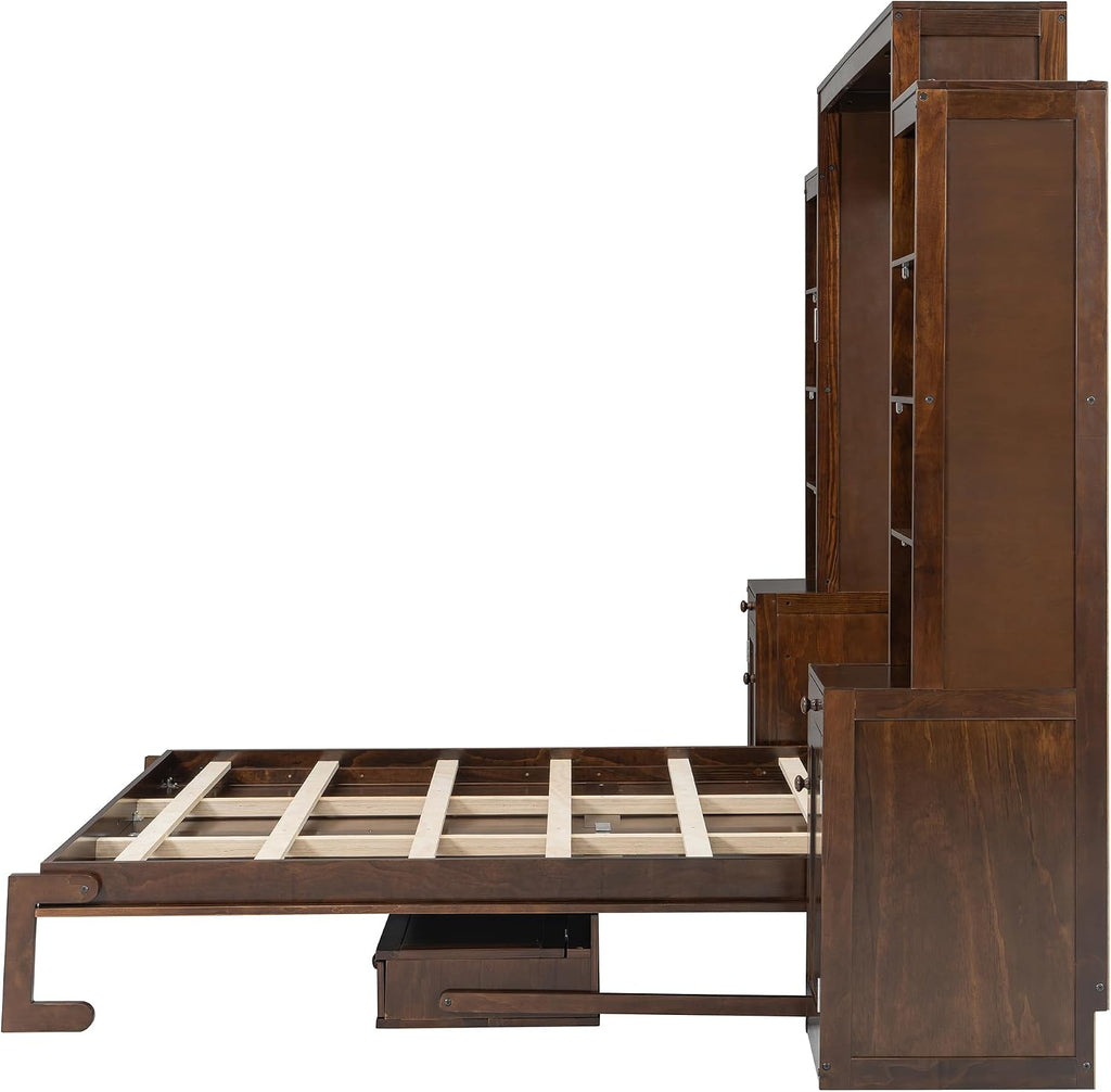 Queen Murphy Bed with Desk and LED Lights, Power Outlet, Foldable Murphy Cabinet Bed with Open Storage Shelves &
