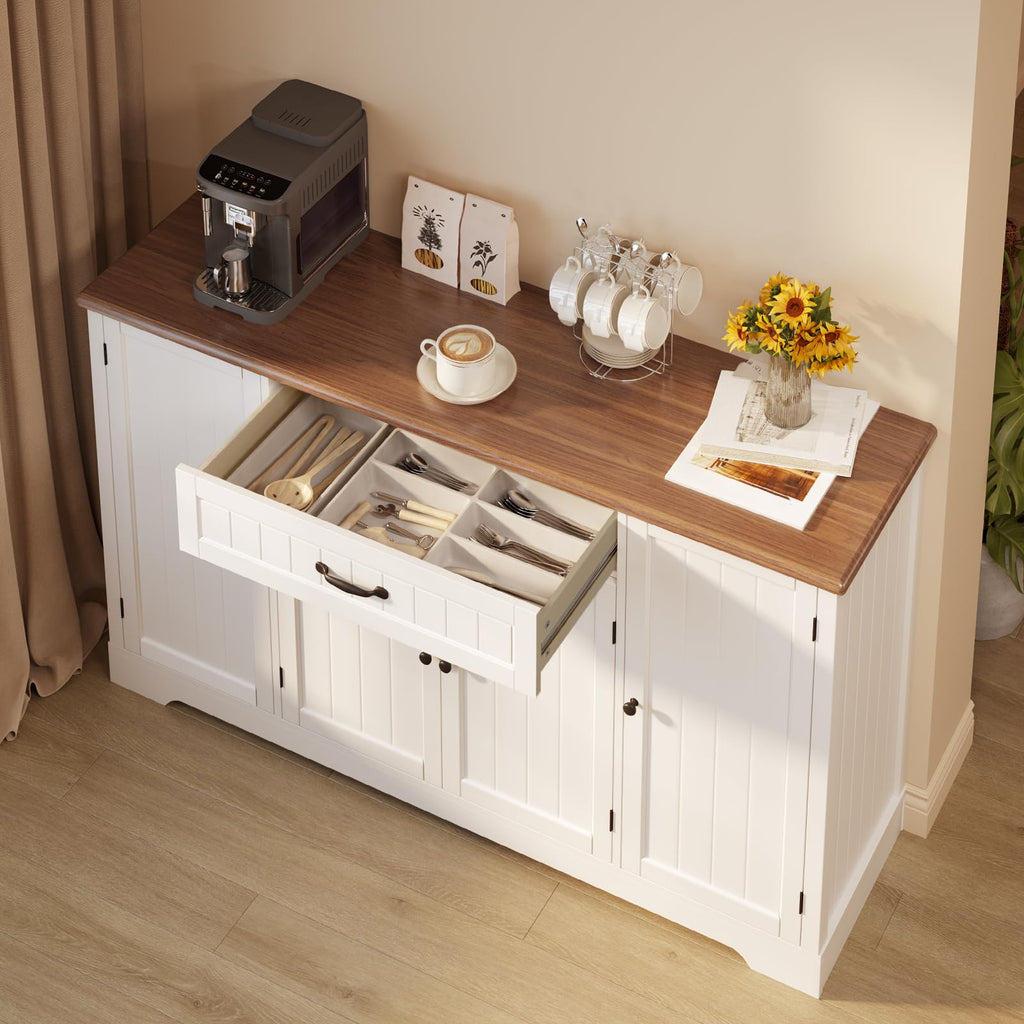56" Kitchen Coffee Bar Cabinet with Storage, White and Rustic