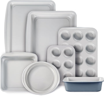 7-Piece Pans Set, Nonstick Bakeware Sets, Gray & Blue | Cookie Sheets, Muffin, Bread, Cake, Loaf, Roasting Pan