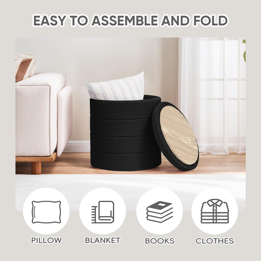 Round Storage Ottoman Foot Rest Stool with Tray Velvet Sherpa Folding Storage Ottoman,Boucle Foot Rest,Black Color