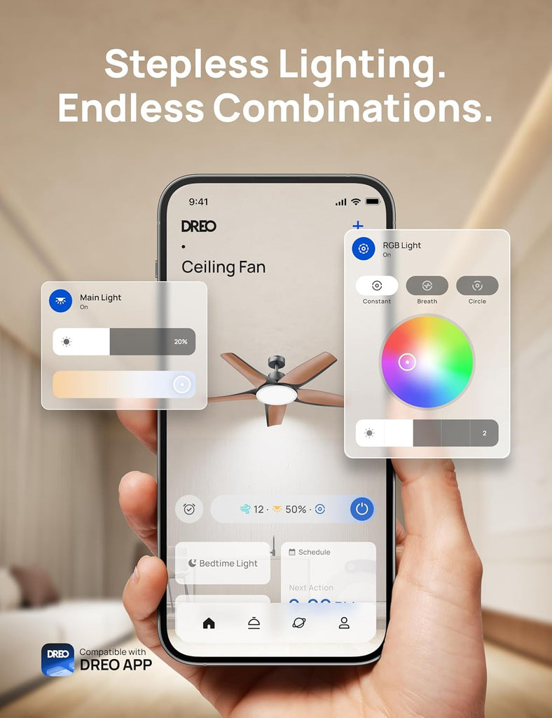 Smart Ceiling Fans with Lights, Low Profile Ceiling Fan with Alexa/App, 52'' Dimmable Lighting & Color Tuning