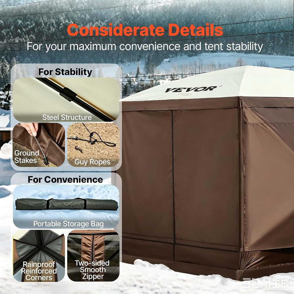 Camping Gazebo Screen Tent, 12x12ft, Brown/Beige | 6 Sided Pop-up Canopy, Mesh Windows, Portable Carry Bag & Stakes