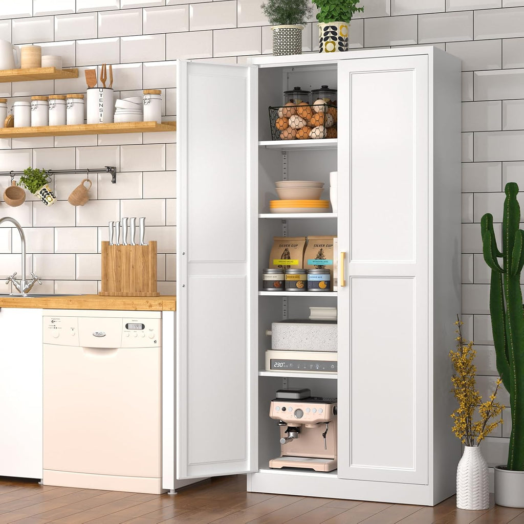 71" White Metal Kitchen Pantry Storage Cabinet with Doors and Shelves | Tall Freestanding Cupboard, 5-Tier Heavy