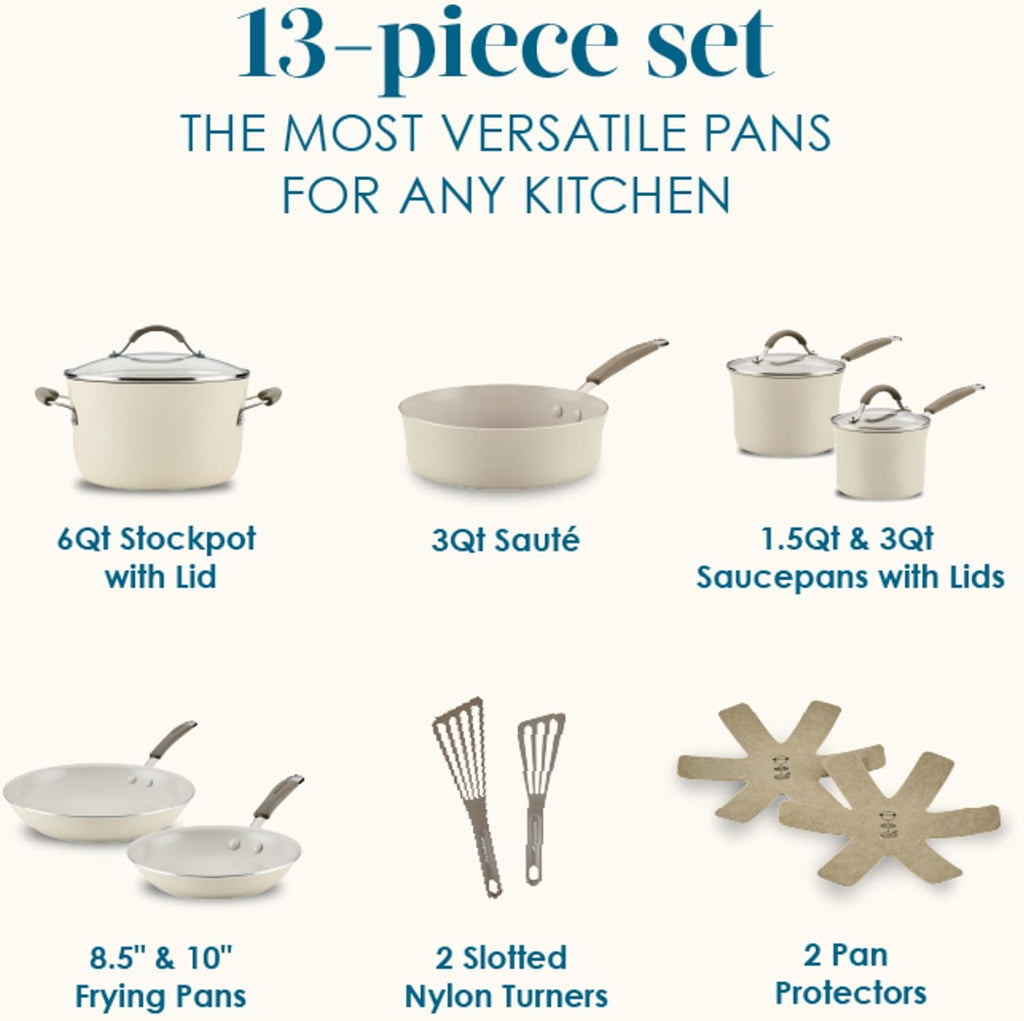 Cucina Ceramic Nonstick Cookware Pots and Pans Set, 13-Piece, Almond