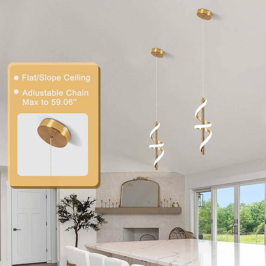 Spiral Led Pendant Light Fixtures, 5500K Gold Modern Led Pendant Light Kitchen Island, Adjustable Height Kitchen