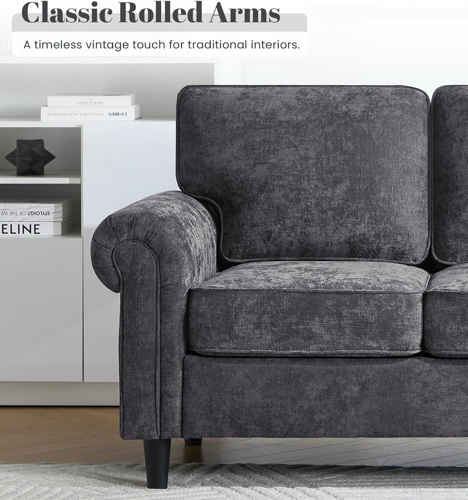 3 Seater Couch, Mid Century Modern Sofa with Rolled Arms and Deep Seats, Fluffy Comfort for Living Room