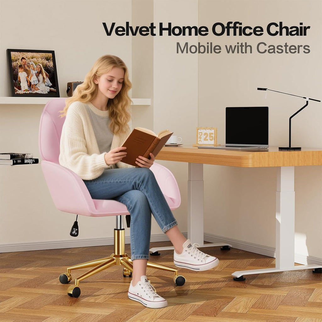 Pink Velvet Desk Chair with Pillow, Upholstered Home Office Desk Chair Makeup Vanity Chair with Swivel Wheels