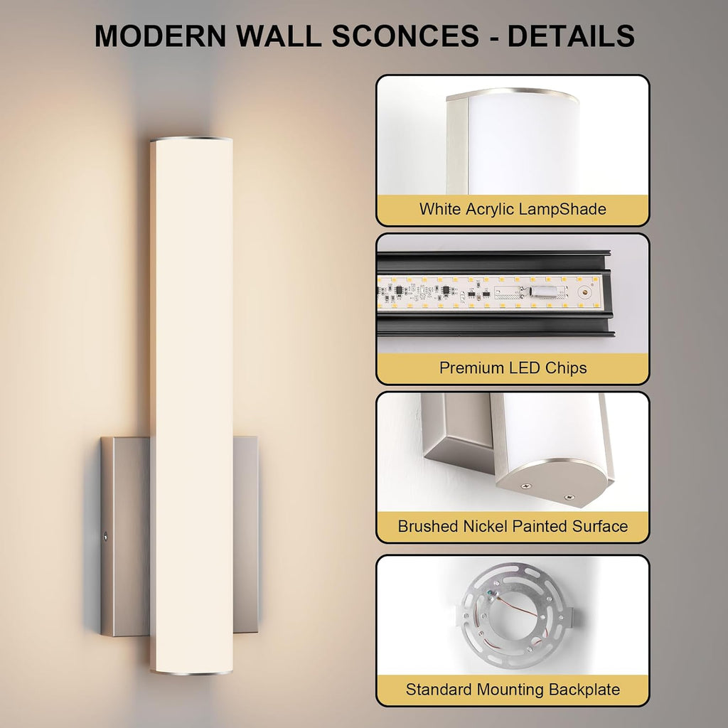 15.7 Inches Modern Bathroom Led Wall Sconces,18W 3000K Hardwired Wall Light with White Acrylic Lampshade,Indoor