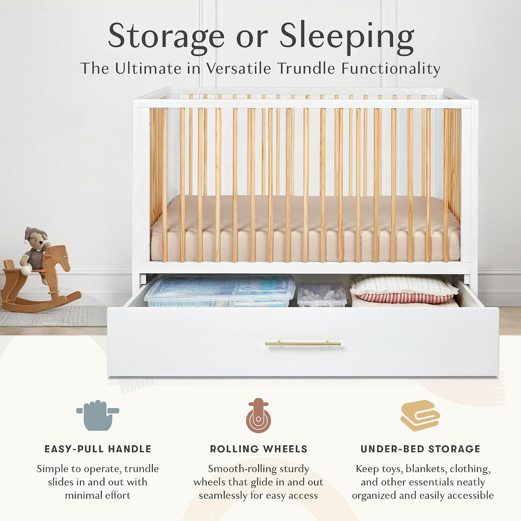 Convertible Crib w/Trundle - Convert from Crib to Toddler Bed - Adjustable Baby Crib & Drawer, Baby Bed, White Crib
