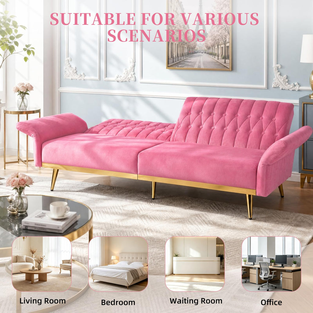 70" Futon Sofa Bed w/Adjustable Armrests, Pink