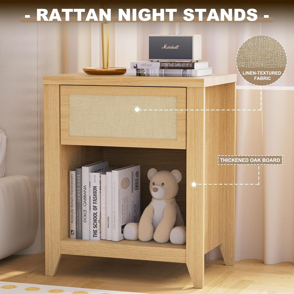 Boho Nightstands Set of 2, Farmhouse Night Stand Bedside Table with Drawer and Storage Shelf Rattan End Tables Side