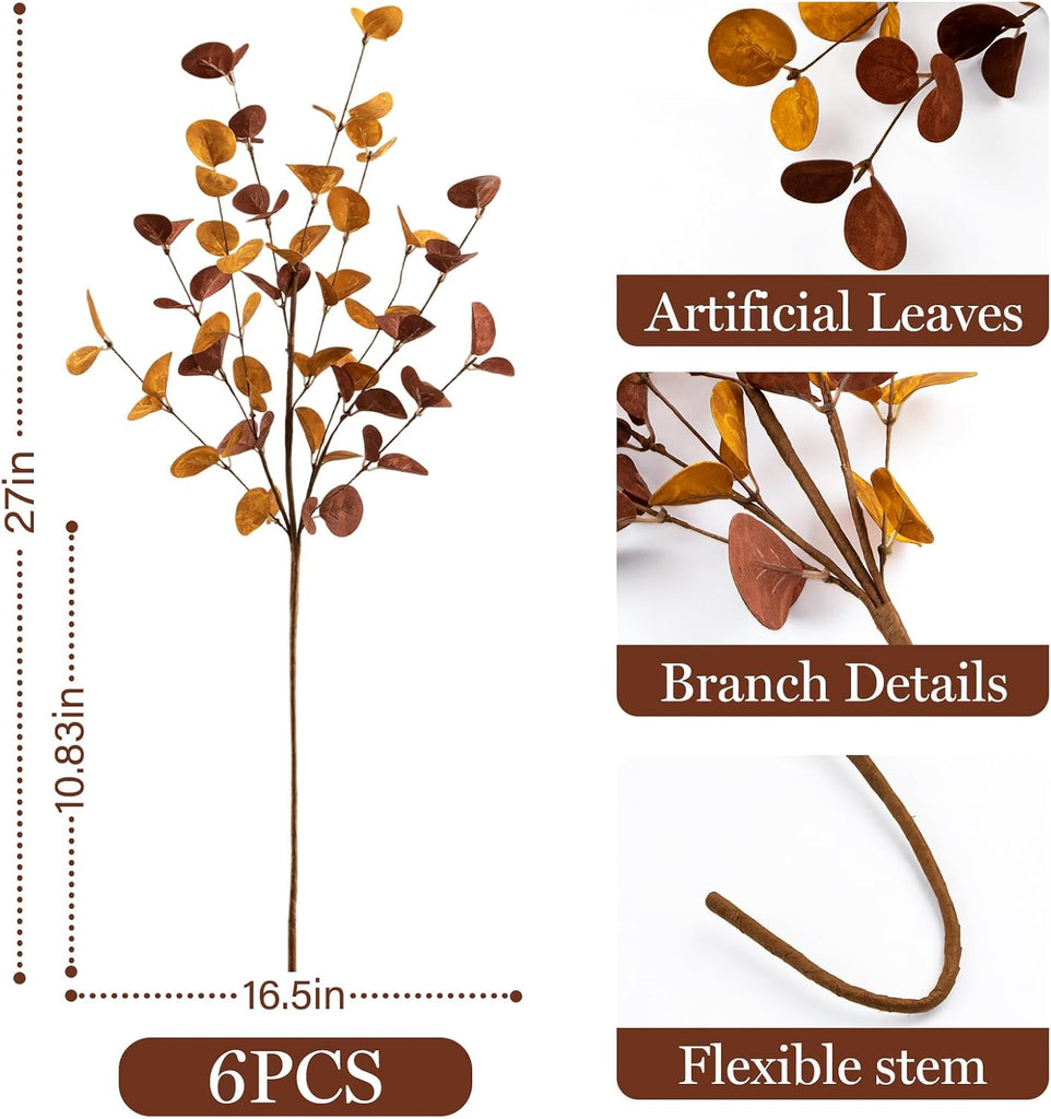 Fall Decor 27" Faux Fall Eucalyptus Stems Leaves Decor Thanksgiving - Set of 6