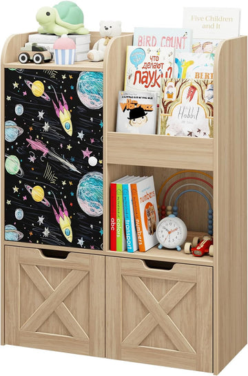 Kids Bookshelf with Reading Nook and Blackboard, 3-in-1 Toy Storage Organizer with 2 Movable Drawers, Wood Toy Chest
