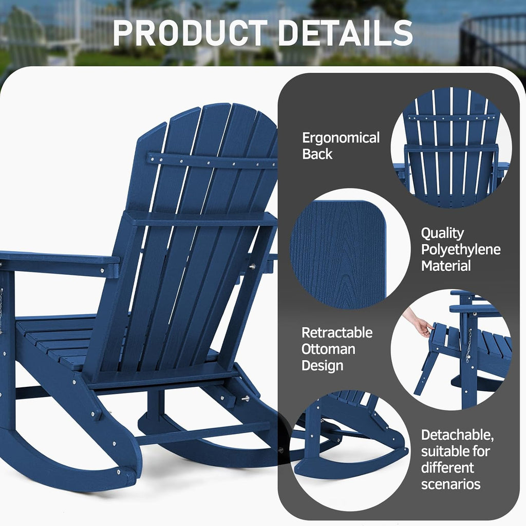 Adirondack Rocking Chair, Porch Rocker with Ottoman & Cup Holder | Multifunctional 4-in-1, Wood-Grain, HDPE All
