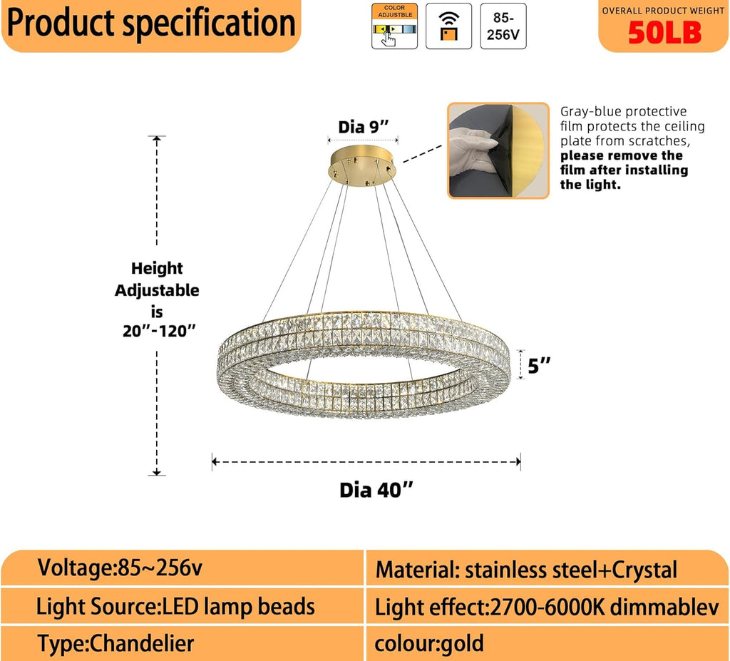 Led Ring Crystal Chandelier for Living Room, Modern Dimmable Chandeliers Lighting and Hanging Adjustable, LED Round Ceiling Chandelier for Dining Room (40inch,Gold)