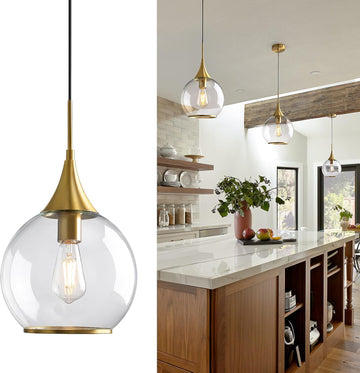 Pendant Lights Kitchen Island: Brushed Gold Light Fixture Farmhouse with Clear Glass - 10 Inch Mid Century Globe