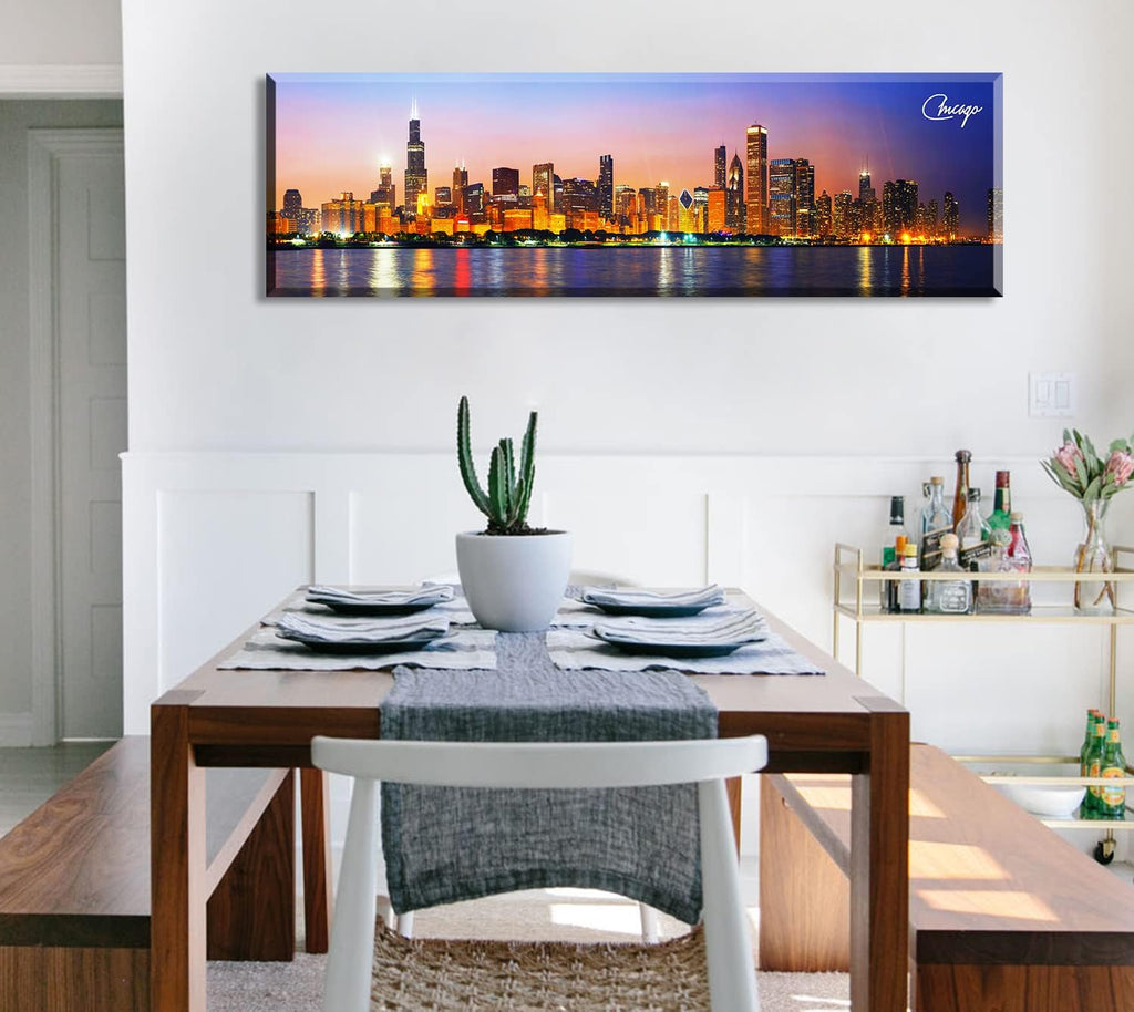 Chicago Skyline Wall Art Canvas Prints, Framed, 13.8"x45.3" | Cityscape USA City Building, Panoramic Night View