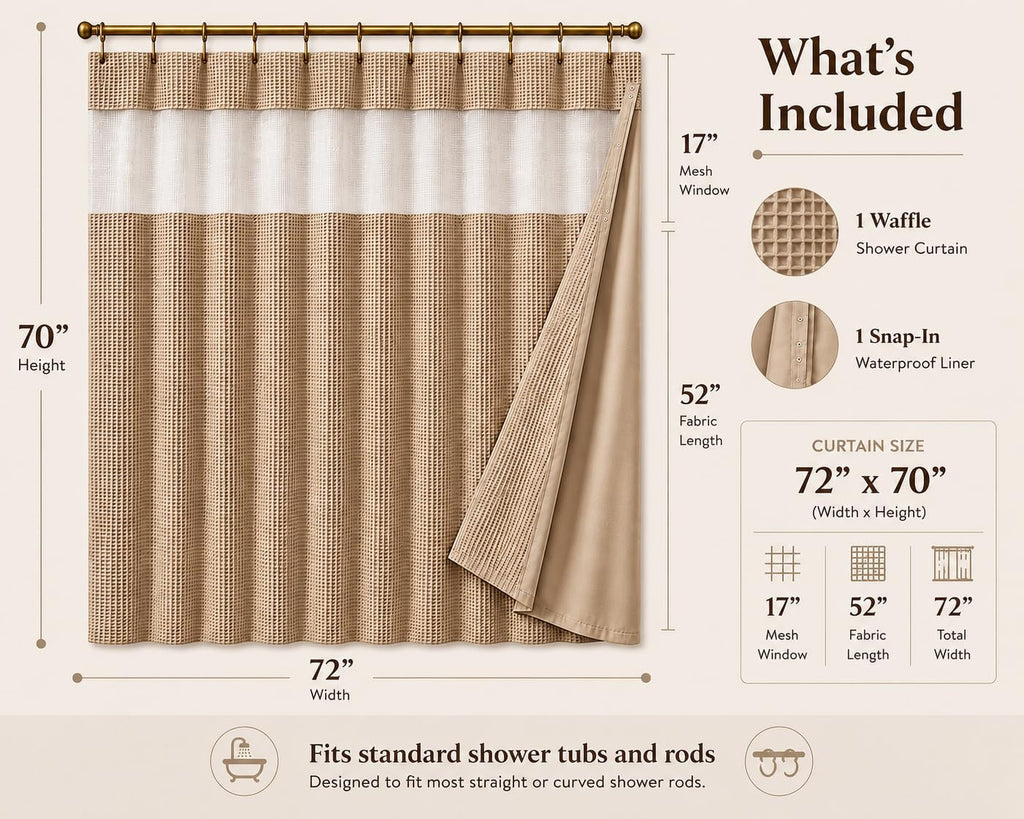 Hotel Style Waffle Weave Shower Curtain with Snap-In Waterproof Fabric Liner, Mesh Top Window, Water Resistant