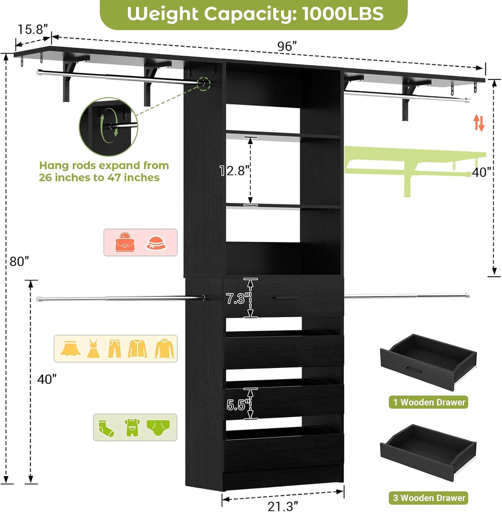 Closet System with 4 Drawers, 8FT Wood Closet Organizer System, 96'' Walk-in Closet Wardrobe with Tower, 4 Hang Rods