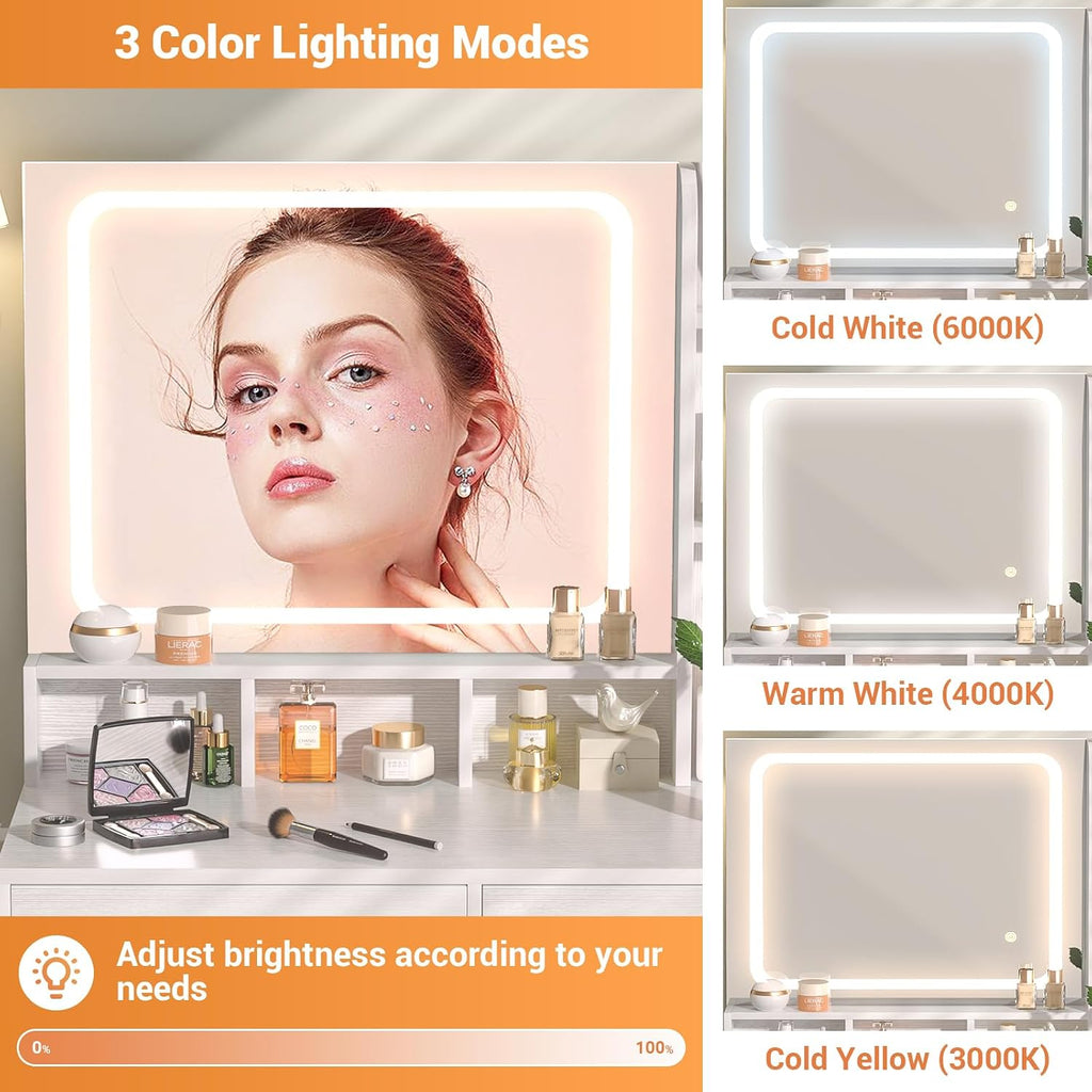 Small Vanity Desk, Vanity Desk with Mirror and Lights, Makeup Vanity Desks with Power Strip, Vanity Table with