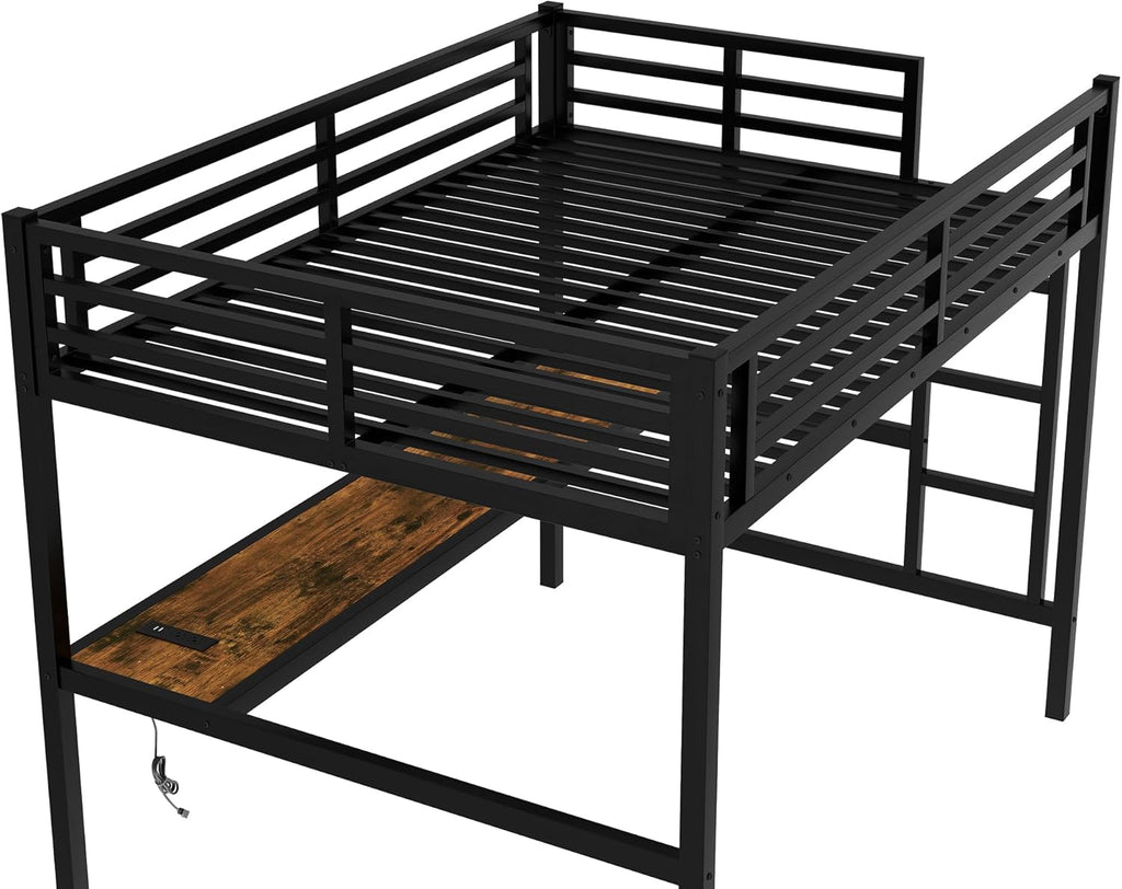 Full Metal Loft Bed with Desk and LED Lights,Heavy Duty Loft Bed Frame with Charging Station and USB for