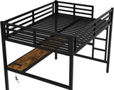 Full Metal Loft Bed with Desk and LED Lights,Heavy Duty Loft Bed Frame with Charging Station and USB for