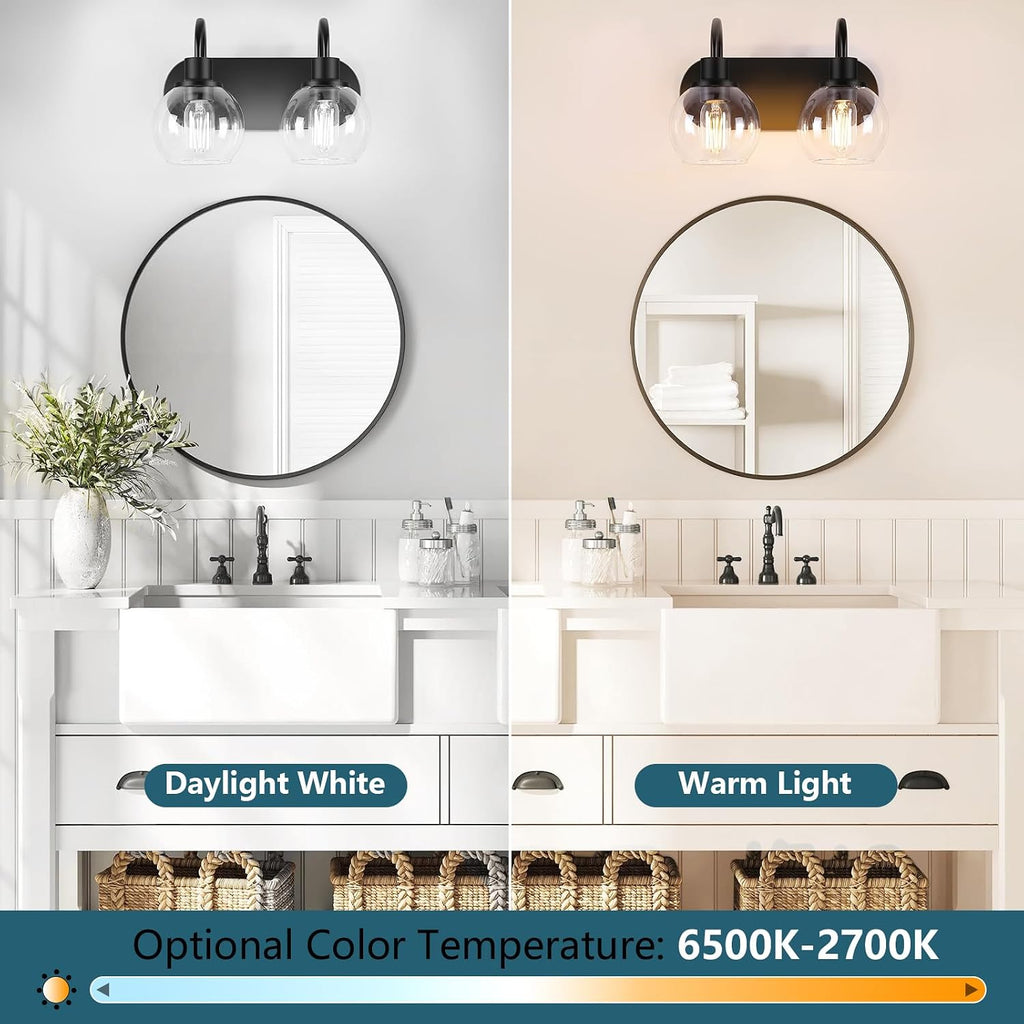 Modern 2-Light Vanity Light, Bathroom Lighting Fixture Over Mirror With Clear Glass Shade and Metal Base, Matte Black