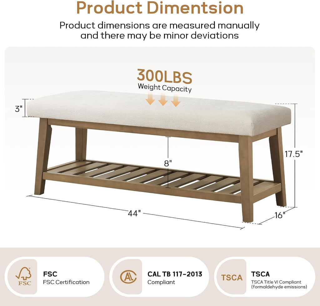 Entryway Bench with Cushion, Upholstered Shoe Rack Bench with Solid Wood Shelf, 44" End of Bed Bench , Chenille