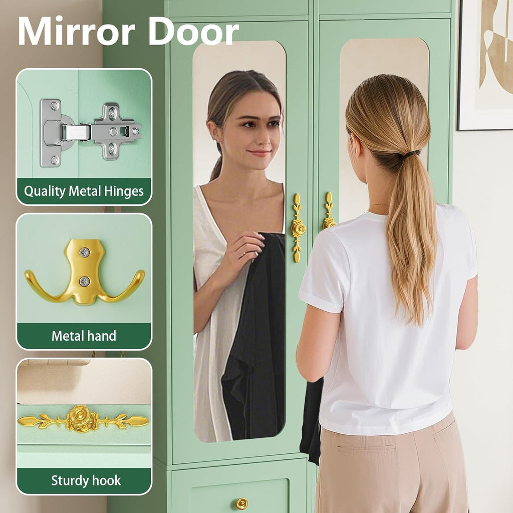 Armoire Wardrobe Closet, Green Bedroom Armoires Cabinet with Mirror Door and 6 Drawers, 69.5" H Wood Clothing Storage