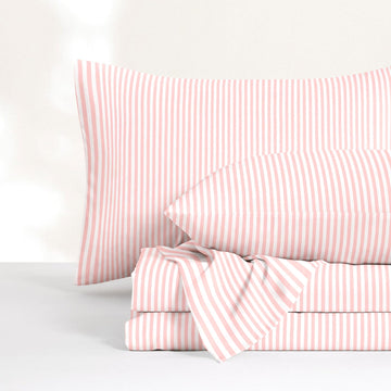 Striped Bed Sheets, 4-Piece Sheet Set, Ticking Vertical Pin Stripe Modern Farmhouse Pattern Printed Bedding, Deep