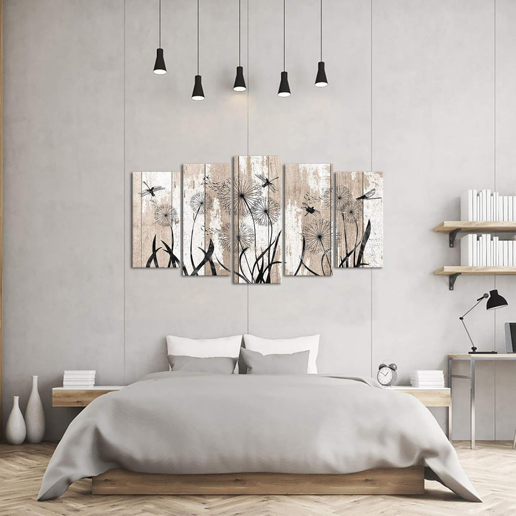 5 Pieces Large Abstract Dragonfly with Dandelion Giclee Print Canvas Wall Art on Rustic Beige Wood Textured Picture