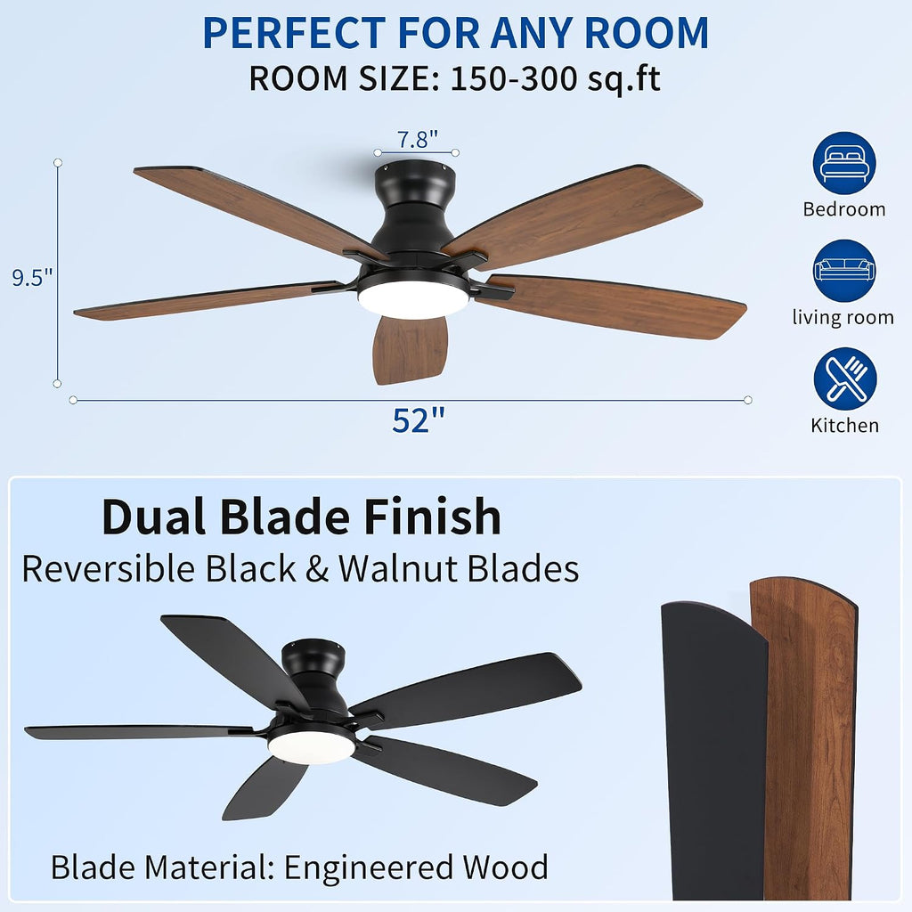 Ceiling Fans with Lights, Low Profile Ceiling Fan with Light and Remote/APP Control, DC Motor, Noiseless, Flush Mount