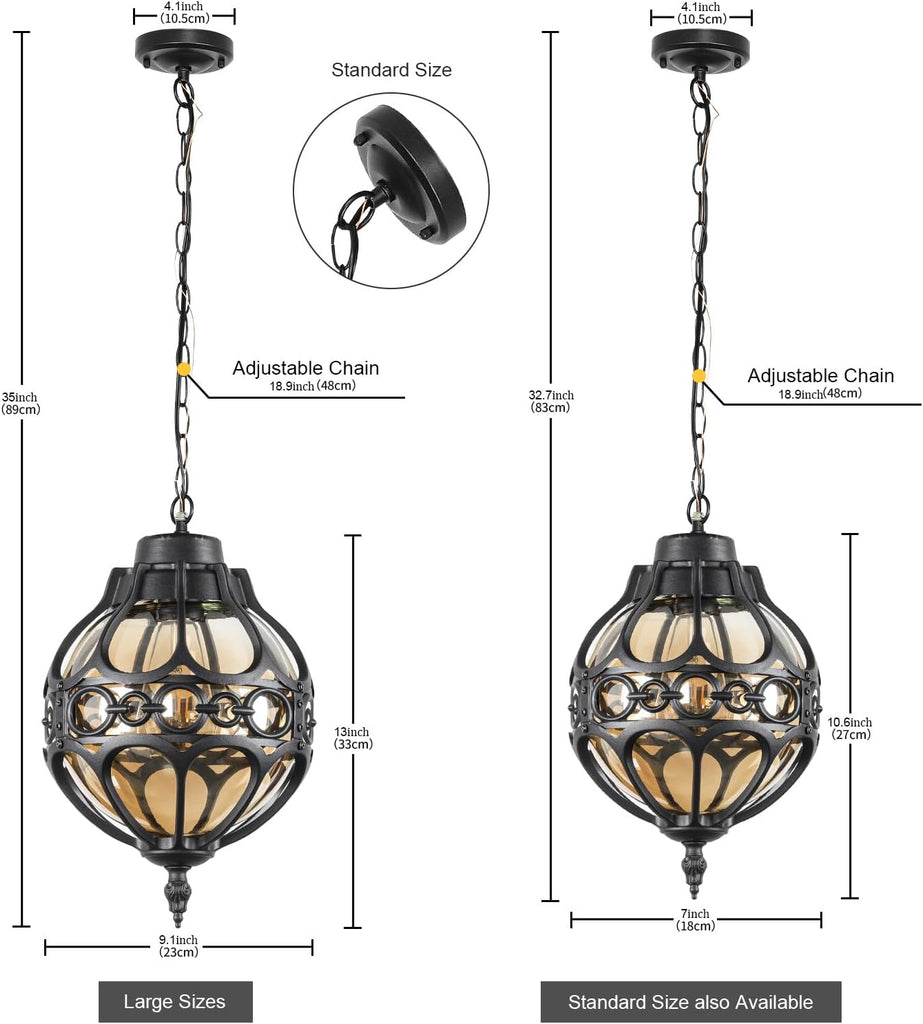 Globe Outdoor Pendant Lights for Porch Patio Entryway, Black Aluminum Anti-Rust Hanging Light Fixture