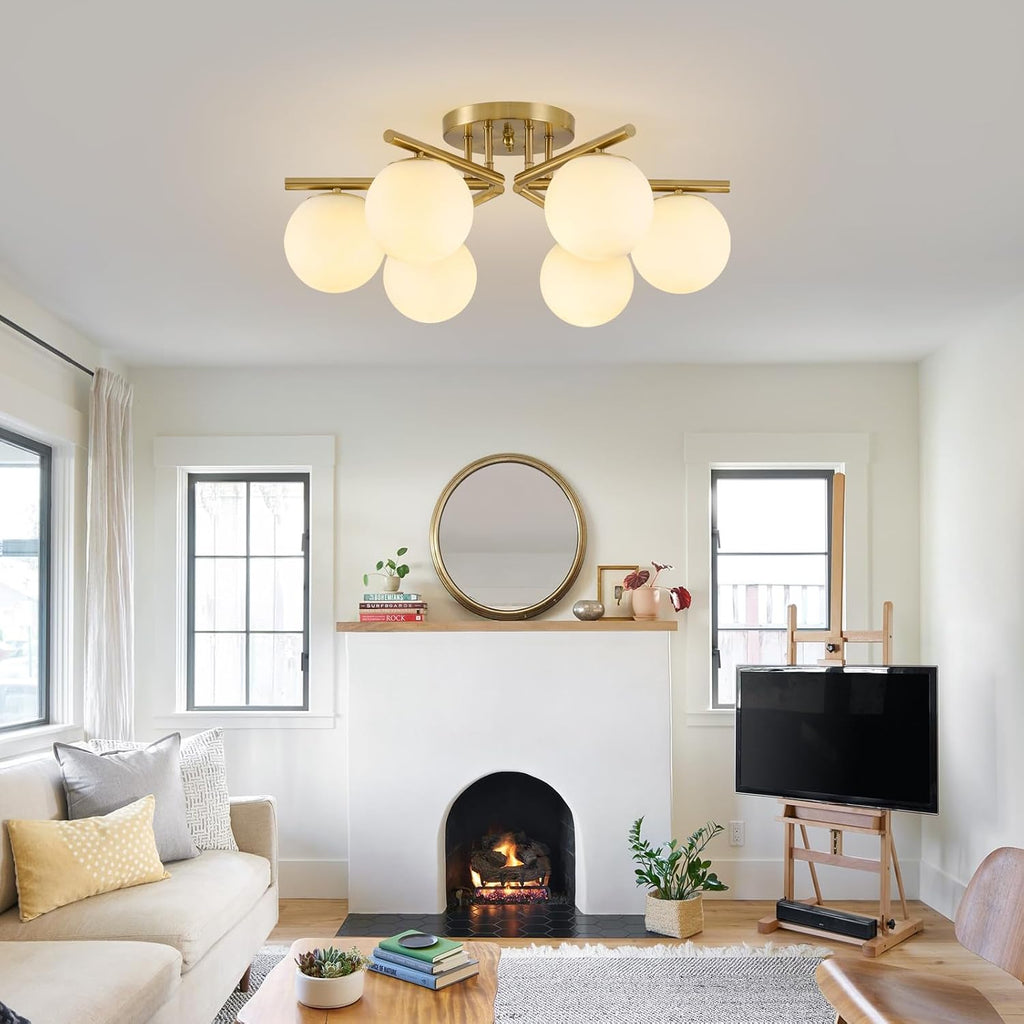6 Lights Sputnik Ceiling Light Fixture,Semi Flush Mount Ceiling Light Sputnik with Milk Glass Globe, Brushed Brass