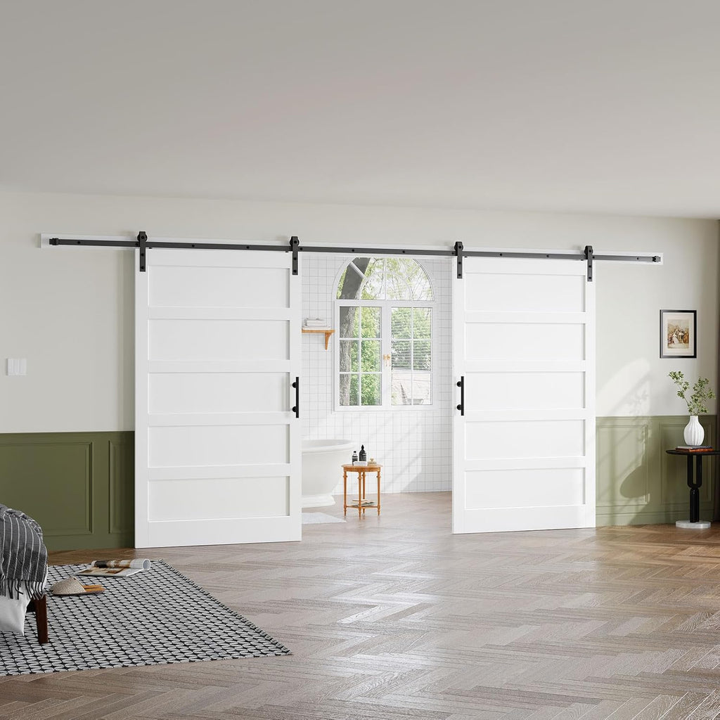 White Barn Door 76x84 (Double 38in x 84in) with Hardware Kit & Handle Included,5-Panel Interior Door