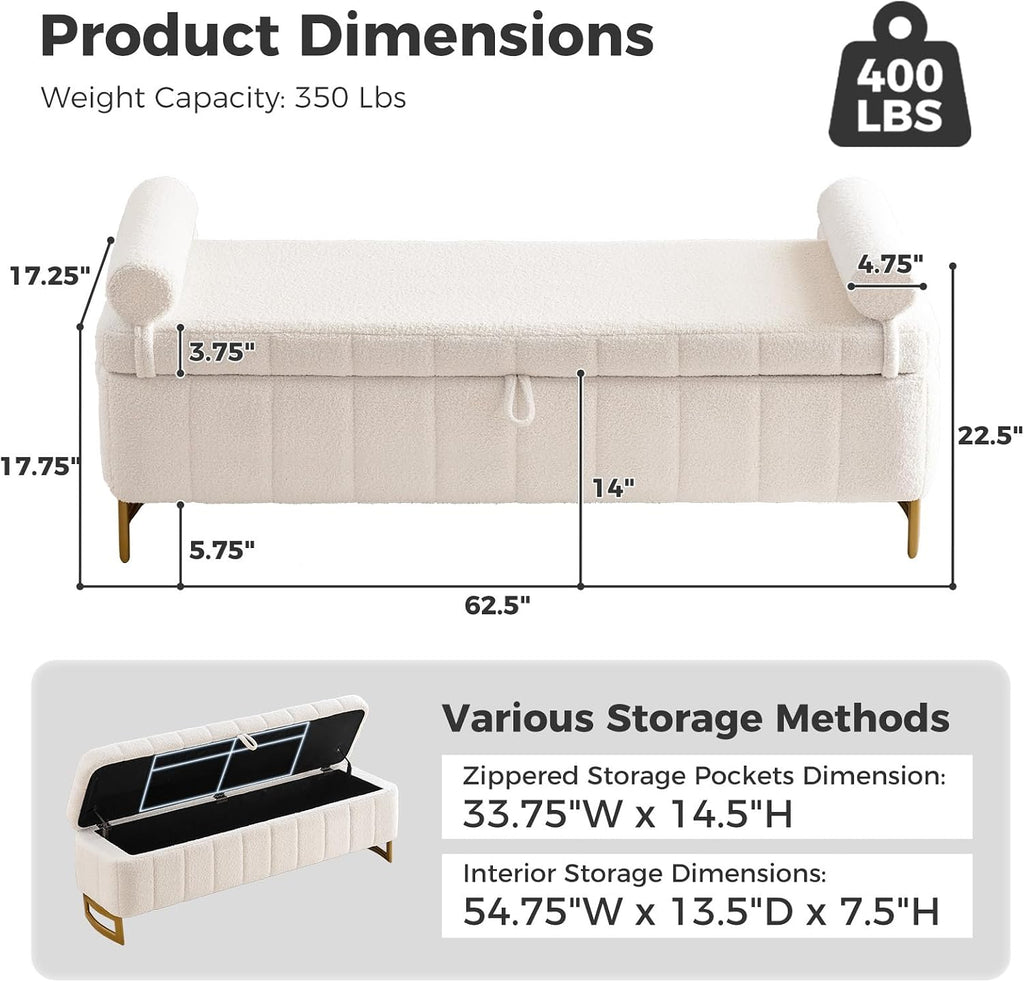 Storage Bench ,63" End of Bed Bench Foot of Bed King Cream White | Upholstered Storage Benches for Foot of Bed Modern