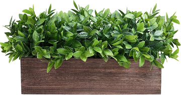 14" Artificial Boxwood Plants in Rectangular Wood Planter Farmhouse Greenery Arrangement Centerpiece Faux Potted Herb