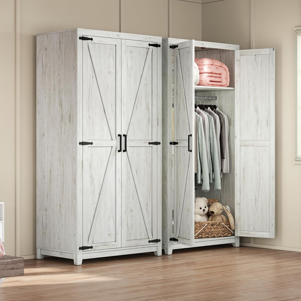 70" Large Armoire Wardrobe Closet with Hanging Rod, Farmhouse Clothing Storage Cabinet with 2 Barn Doors, Wooden Tall
