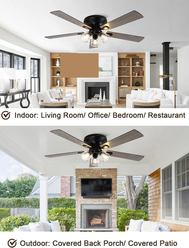 52 Inch Flush Mount Vintage Ceiling Fan with Lights and Remote
